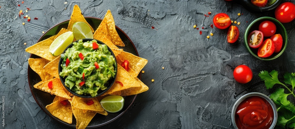 Poster top down view of nachos with guacamole displayed on a gray concrete surface perfect for a copy space