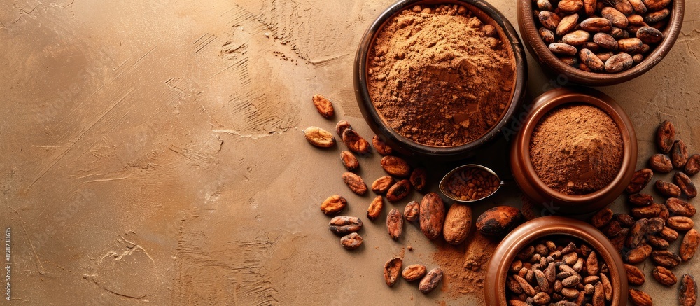 Aufkleber Cocoa beans powder and chocolate jars displayed on a bright background with room for a copy space image