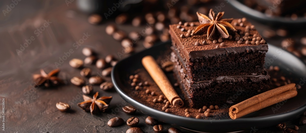 Aufkleber delicious chocolate cake paired with aromatic black coffee topped with coffee beans cinnamon and ani