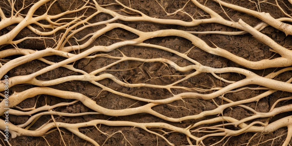 Poster intricate network of tree roots - exposed and intertwined in brown soil - natural texture and patter