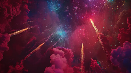 Colorful fireworks on the black sky background, new year holiday concept. Festive exploding spark celebration, happy countdown event showing joy