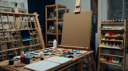 Digital image of an art studio full of canvases and paints in the process of creation

