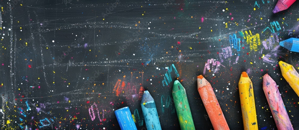 Poster Top view of vibrant chalk on a blackboard backdrop featuring a copy space image