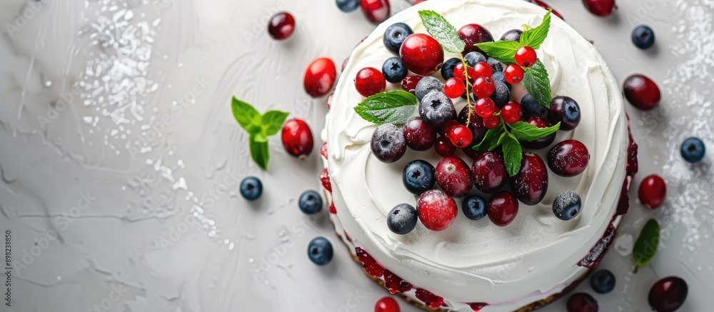 Poster flat lay image of a christmas cake adorned with blueberries cranberries and mint featuring ample cop