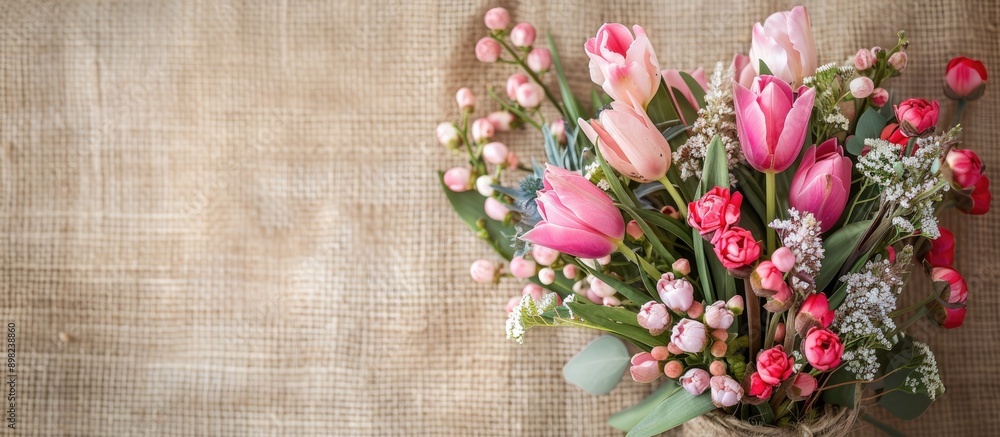 Poster artificial flowers artfully arranged on a rustic jute sackcloth background perfect for easter themed