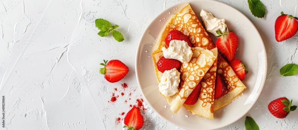 Poster top view of delicious crepes garnished with ricotta cheese and fresh strawberries showcased on a whi