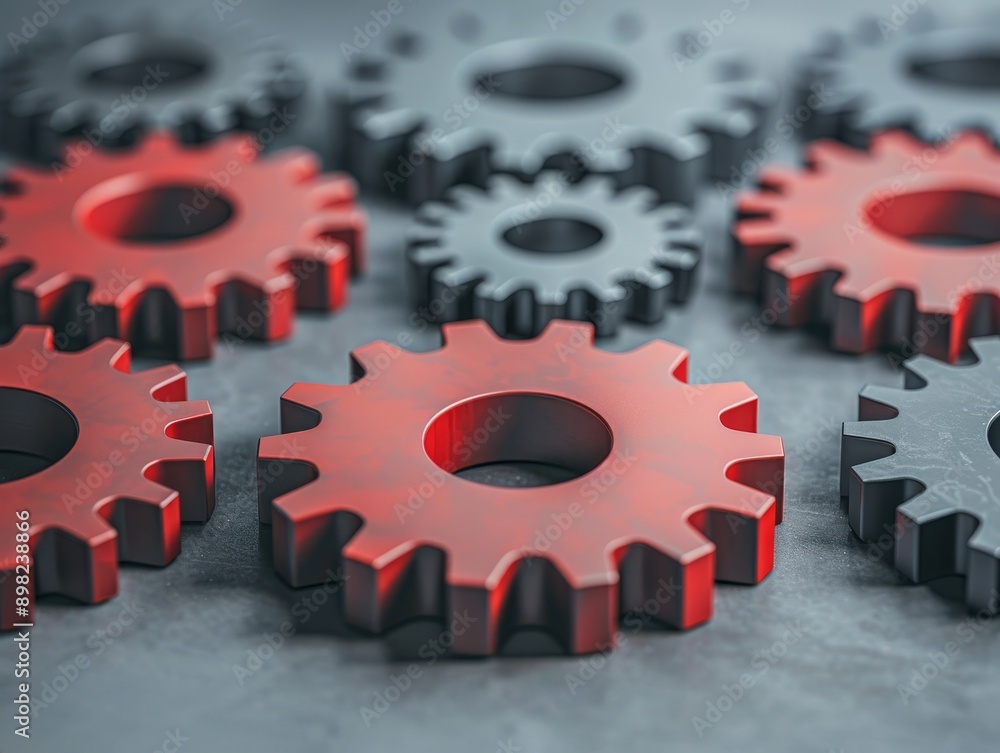 Aufkleber red and black cogwheels gears mechanism interlocking teamwork concept abstract background.