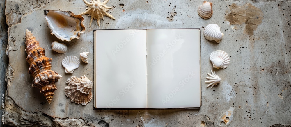 Leinwandbilder A blank notebook on a wooden table showcases creativity products with seashells on a white background set against a stone backdrop in a top view copy space image