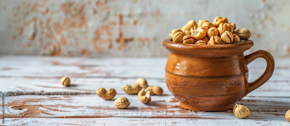 Poster a clay cup filled with peanuts rests on a white wooden table with available space for additional ima