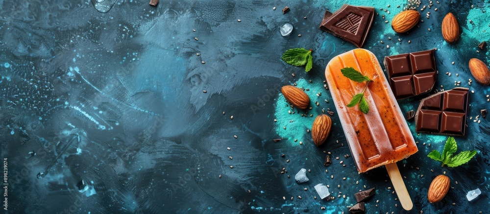 Poster chia popsicle with raw carrot cake and chocolate on a dark blue backdrop ideal as a homemade vegan e