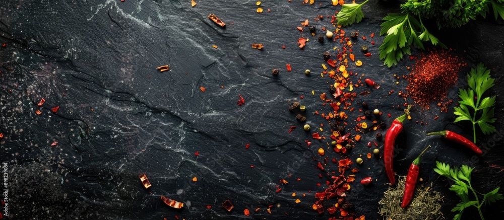 Poster top view of an array of vibrant spices like chili flakes mixed pepper parsley herbs and red paprika 