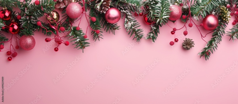 Poster artistic image of christmas garland on a pink backdrop framing abundant copy space image