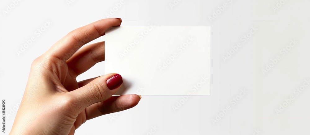 Aufkleber Close up of a woman s hand displaying a blank advertisement card against a white backdrop with copy space image
