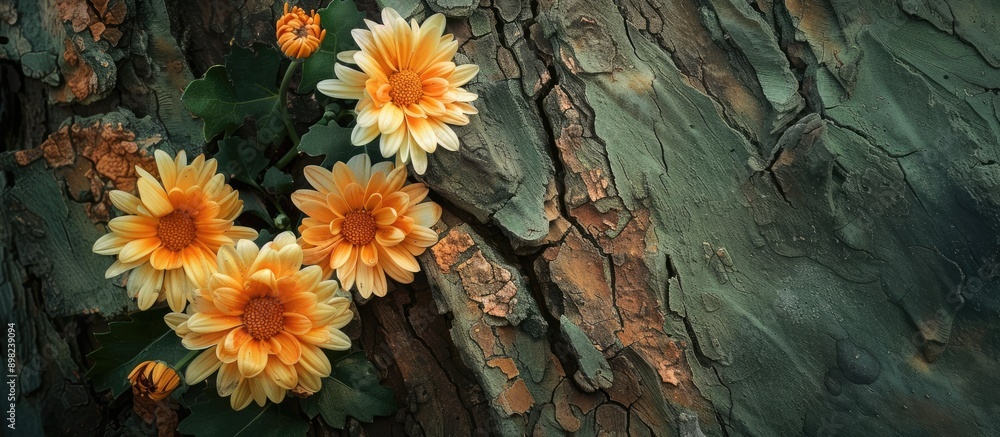 Poster chrysanthemum flowers on tree bark with copy space image on green backdrop