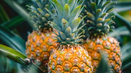 Obraz premium Close-up of ripe pineapples on plant