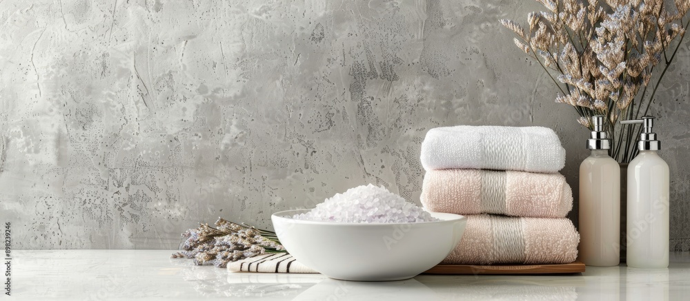 Poster bath towels and spa salt displayed on a white table with copy space image