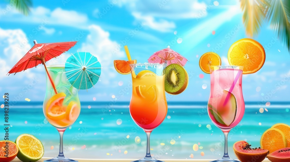 Poster four colorful cocktails garnished with fruit and umbrellas are on a beach with an ocean background. 