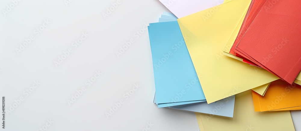 Leinwandbilder colorful papers are displayed on a white table with plenty of space for text or images. creative ban