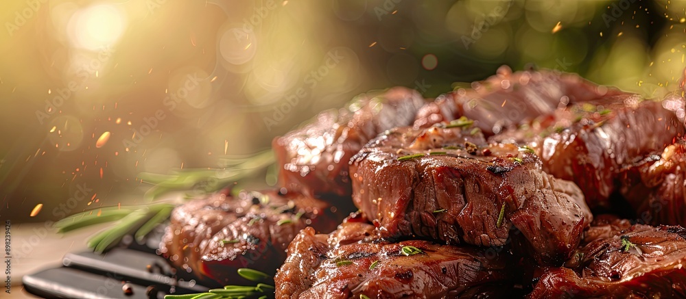 Poster Abstract blurred background of meat for barbecue with copy space image