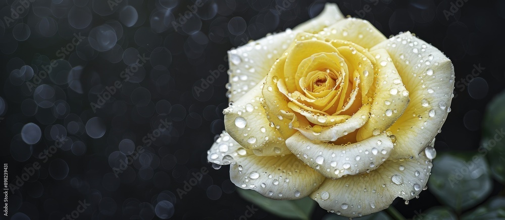 Poster close up image of double delight rose on black backdrop with white bokeh showcasing its yellow heart