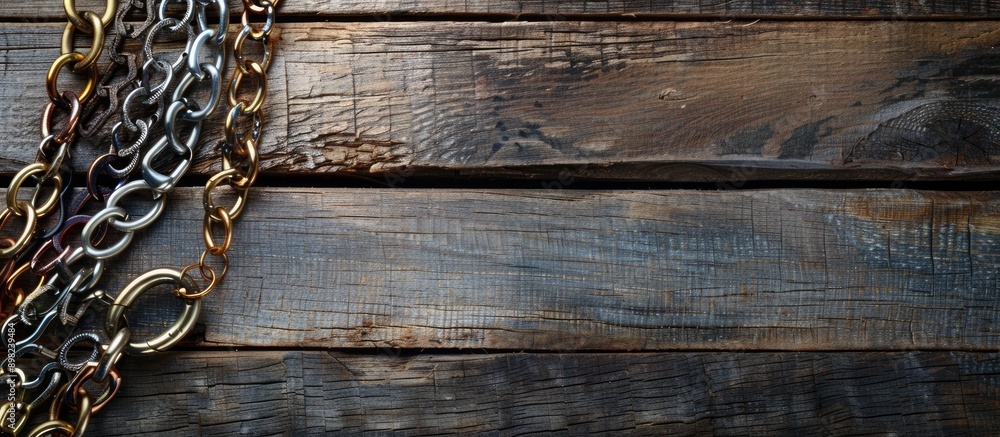 Poster chain bracelets creating an elegant display on a wooden backdrop with copy space image