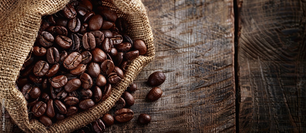 Fototapete coffee beans roasted and placed in a burlap sack on a wooden rustic backdrop with ample copy space i