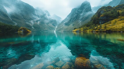  A body of water encircled by mountains and flanked by forests teeming with lush green trees and bushes on either side