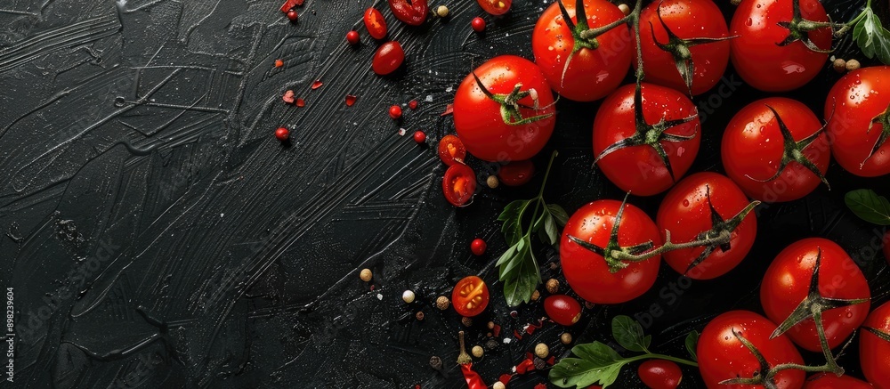 Poster A top view of cherry tomatoes and spices on a black backdrop Ideal for a long banner with copy space image