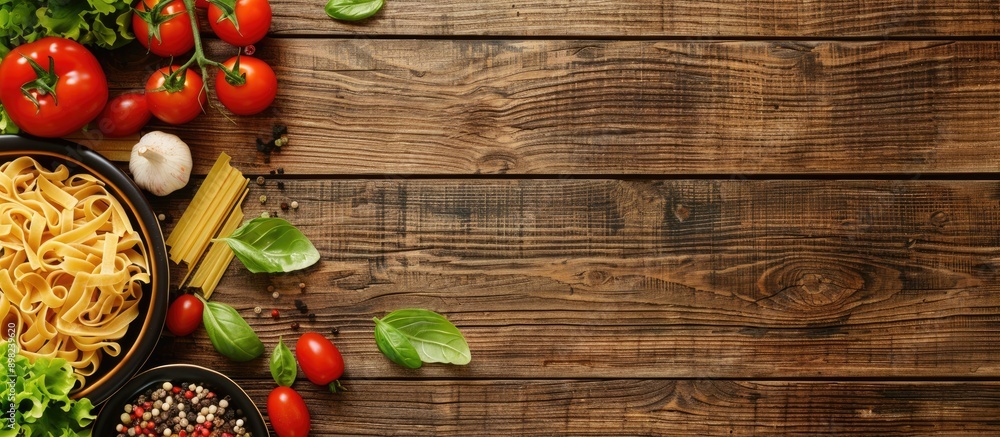 Poster cooking essentials like pasta tomatoes salad and spices displayed on a wooden table with a copy spac