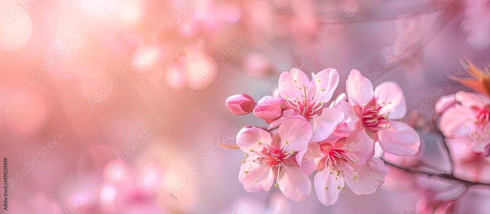 Poster cherry blossoms in soft focus create a spring flower background ideal for design with ample copy spa