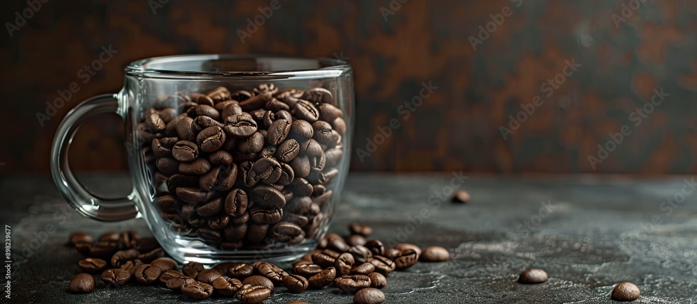 Poster coffee beans in a glass mug placed on a dark background illustrating a coffee house theme with a cop
