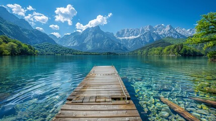  A dock situated in the midst of a body of water, surrounded by mountains in the background, and a expanse of water in the foreground