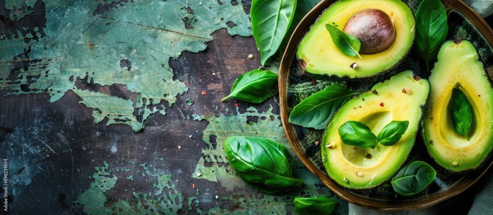 Poster Avocado salad placed on a rustic table with copy space image featuring fresh green leaves as a meal or snack