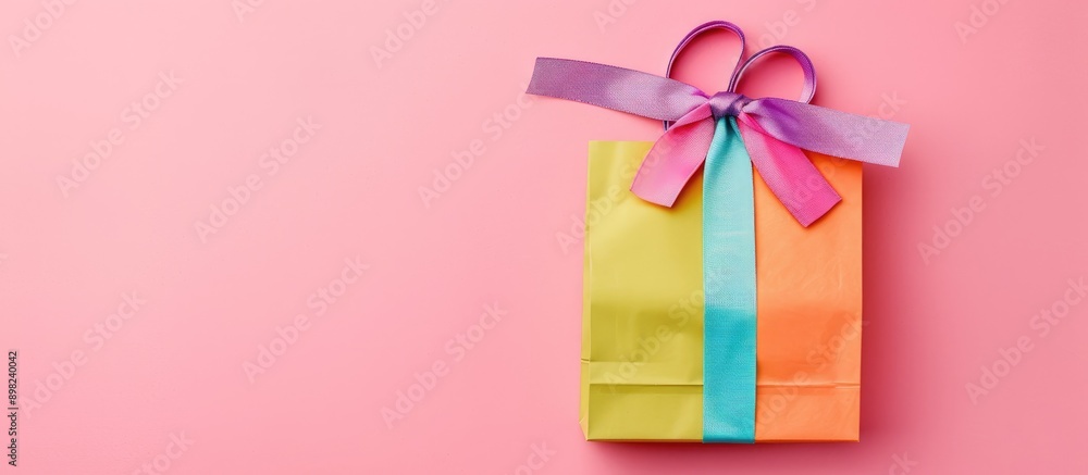 Poster Top view of a brightly colored gift bag with ribbon on a pink background perfect for holiday occasions with copy space image