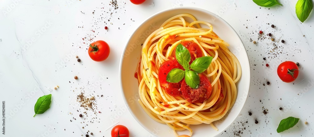 Poster a top down view of homemade spaghetti with tomato and basil sauce on a white background creating an 