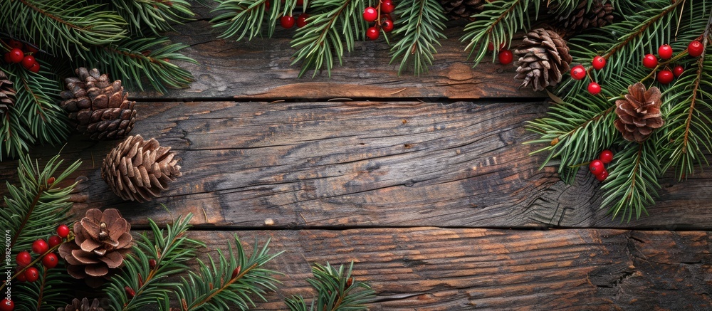 Poster top view of christmas tree branches pine cones and red berries on an old wooden background with copy