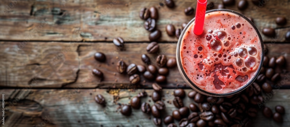 Poster Cold summer drink with a red straw on a wooden table coffee beans in the backdrop above view with detailed flat lay showcasing the copy space image
