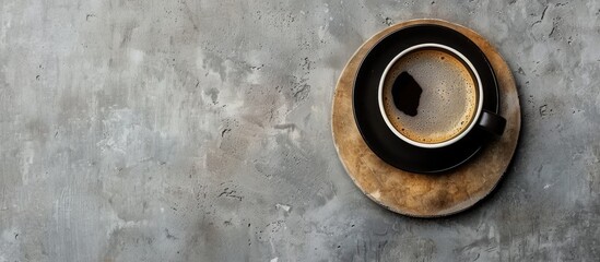 Top view of a black coffee mug and Americano on a concrete table background with a blank wooden pad for copy space image ideal for coffee shop templates and cafe breakfast concepts