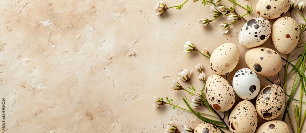 Leinwandbilder beige background with quail eggs and botanical decor in easter theme top view for copy space image