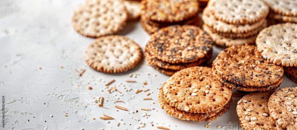 Aufkleber Circular diet crispbreads on a white backdrop Circular whole grain crackers yeast free healthy option Ideal for text copy space image