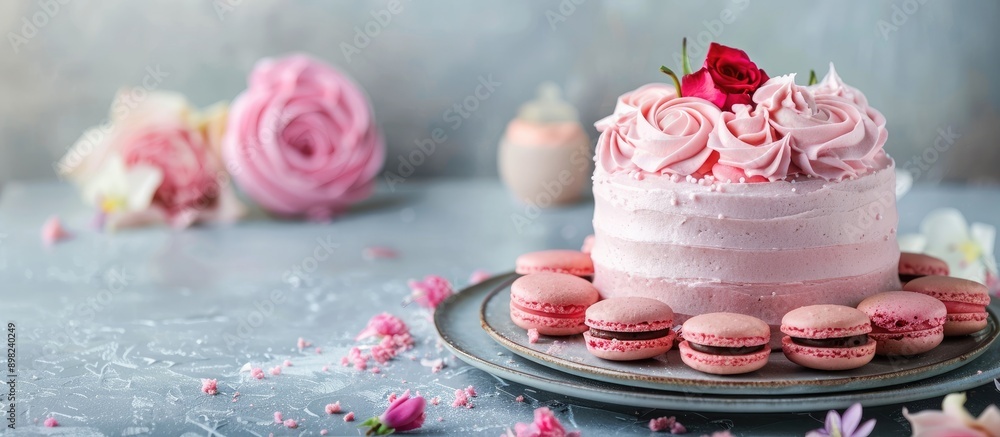 Aufkleber Cake with pink frosting and macaroons displayed on a table with copy space image