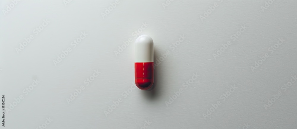 Poster A detailed shot of a red and white pill on a blank white surface with ample copy space image surrounding it
