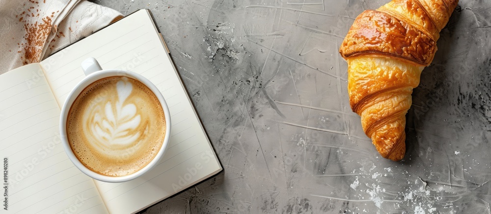 Sticker Top view of a cup of coffee croissant and a white book on a table with additional copy space for images