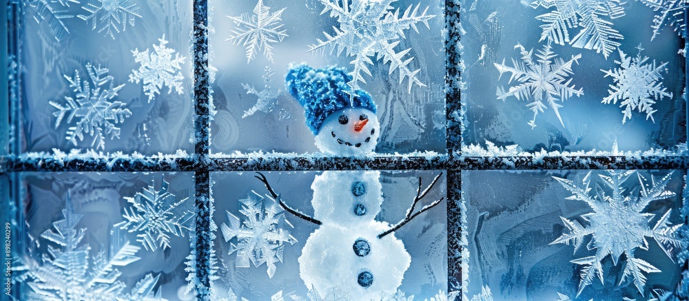 Poster create frosty drawings on a window background with copy space for a festive new year touch