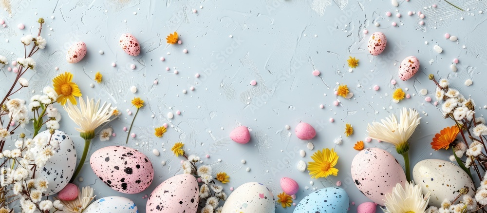 Aufkleber Top down view of Easter themed background featuring eggs spring flowers and a blank space for adding text or images. Creative banner. Copyspace image