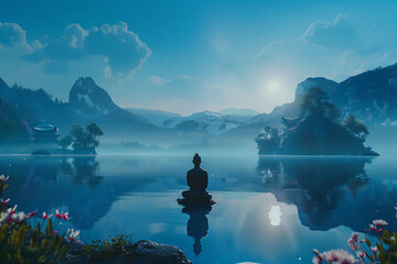 An illustration representing the Shambhala Awakening System, a spiritual practice focusing on enlightenment, inner peace, and personal growth. The scene depicts serene imagery and symbols associated w