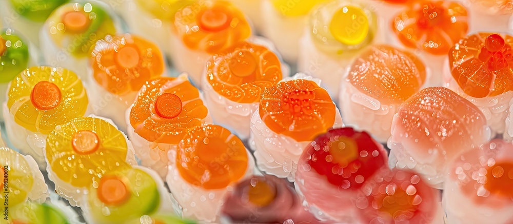 Aufkleber Close up of vibrant sushi sets displayed as a background with a beautiful and bright appearance against the backdrop ideal for a copy space image