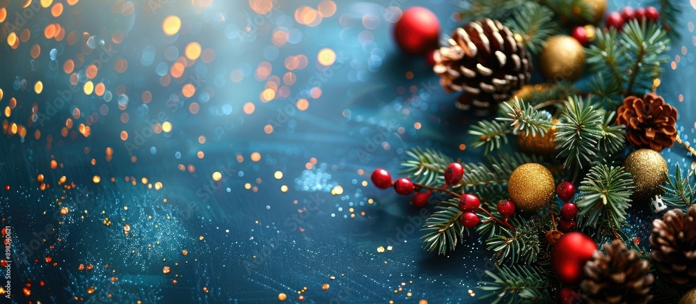 Poster Christmas greeting card with festive decorations on a bokeh background conveying a New Year theme with ample copy space in a flat lay style shown from a top view perspective