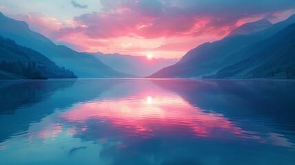  A expansive water body surrounded by mountains and painted with pink and blue hues, adorned with billowing clouds