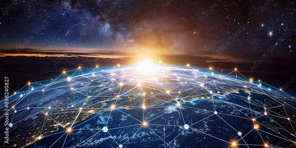 Poster global network connection covering the earth with lines of innovative perception. concept of 5g wire